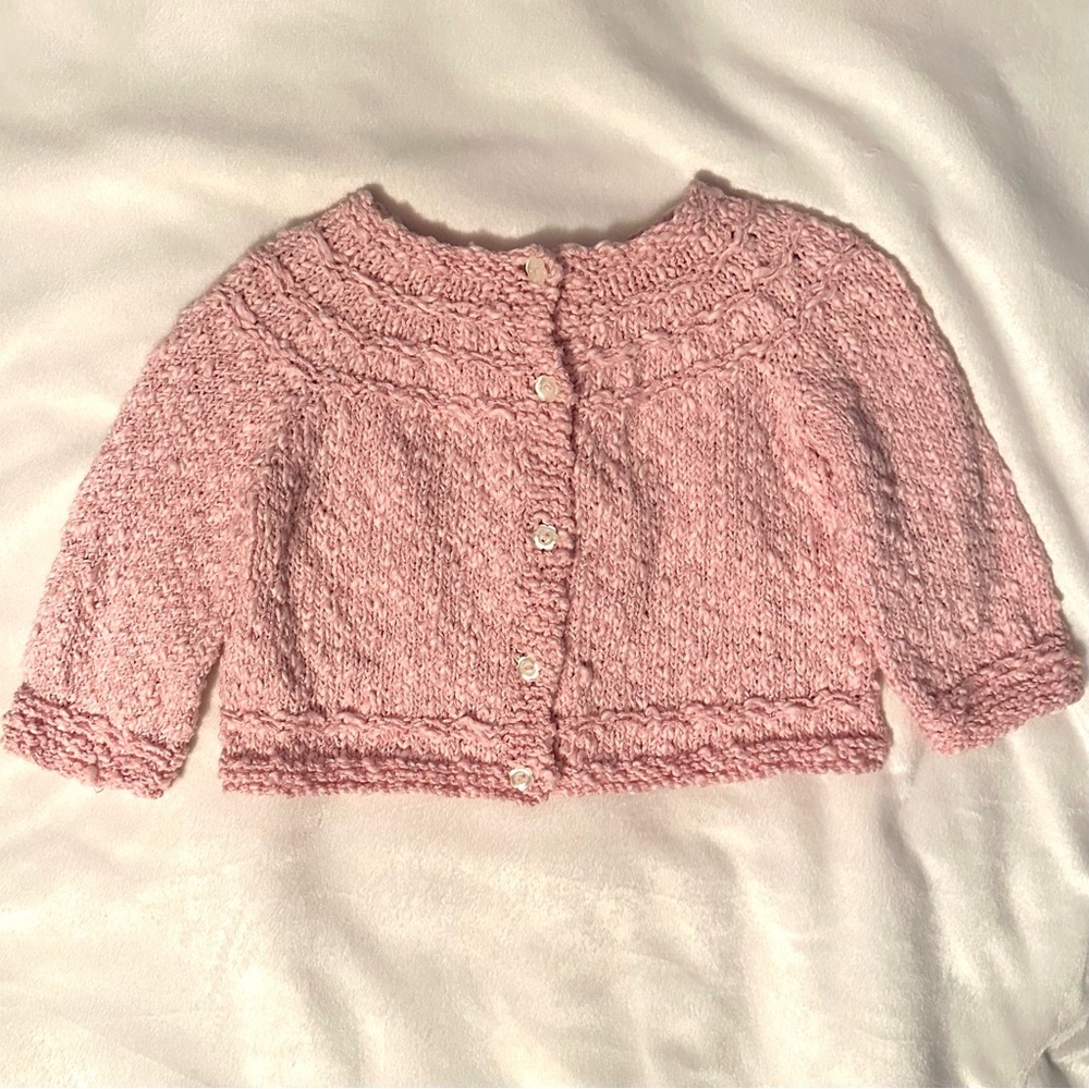 Vintage Hand Knit Crocheted Baby Pink Cardigan Sweater 24M Girl button up